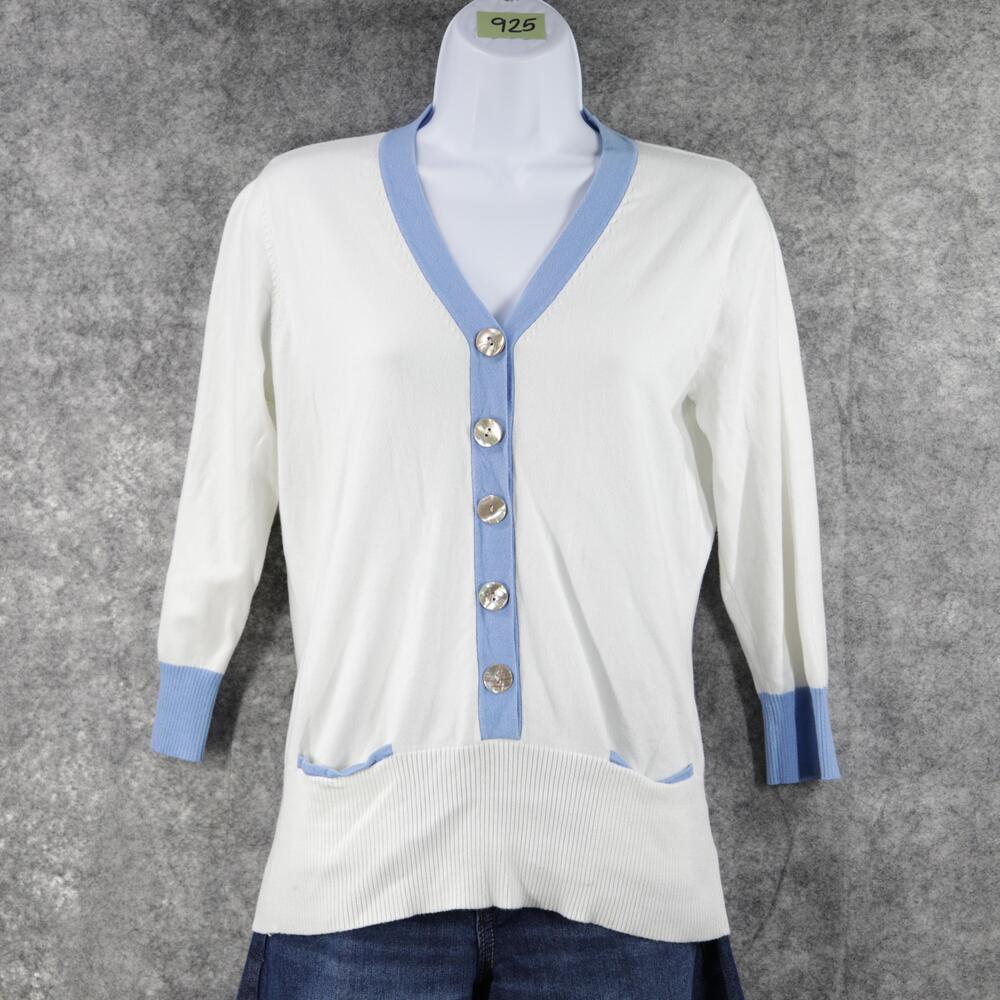 J McLaughlin Sweater Womens Small White Blue Button Cardigan Pockets Lightweight - Picture 3 of 11